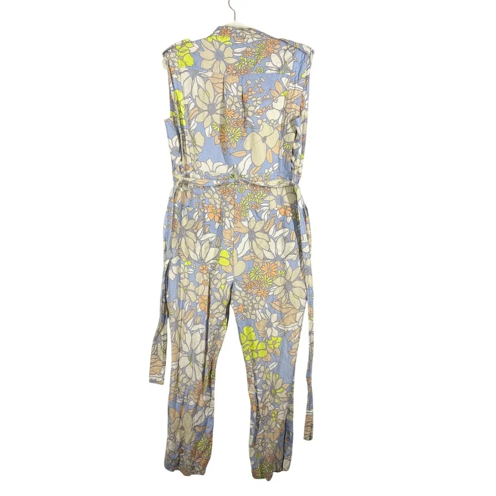 Current Air Floral Print Linen Blend Utility‎ Jumpsuit Size M Blue Yellow Belt